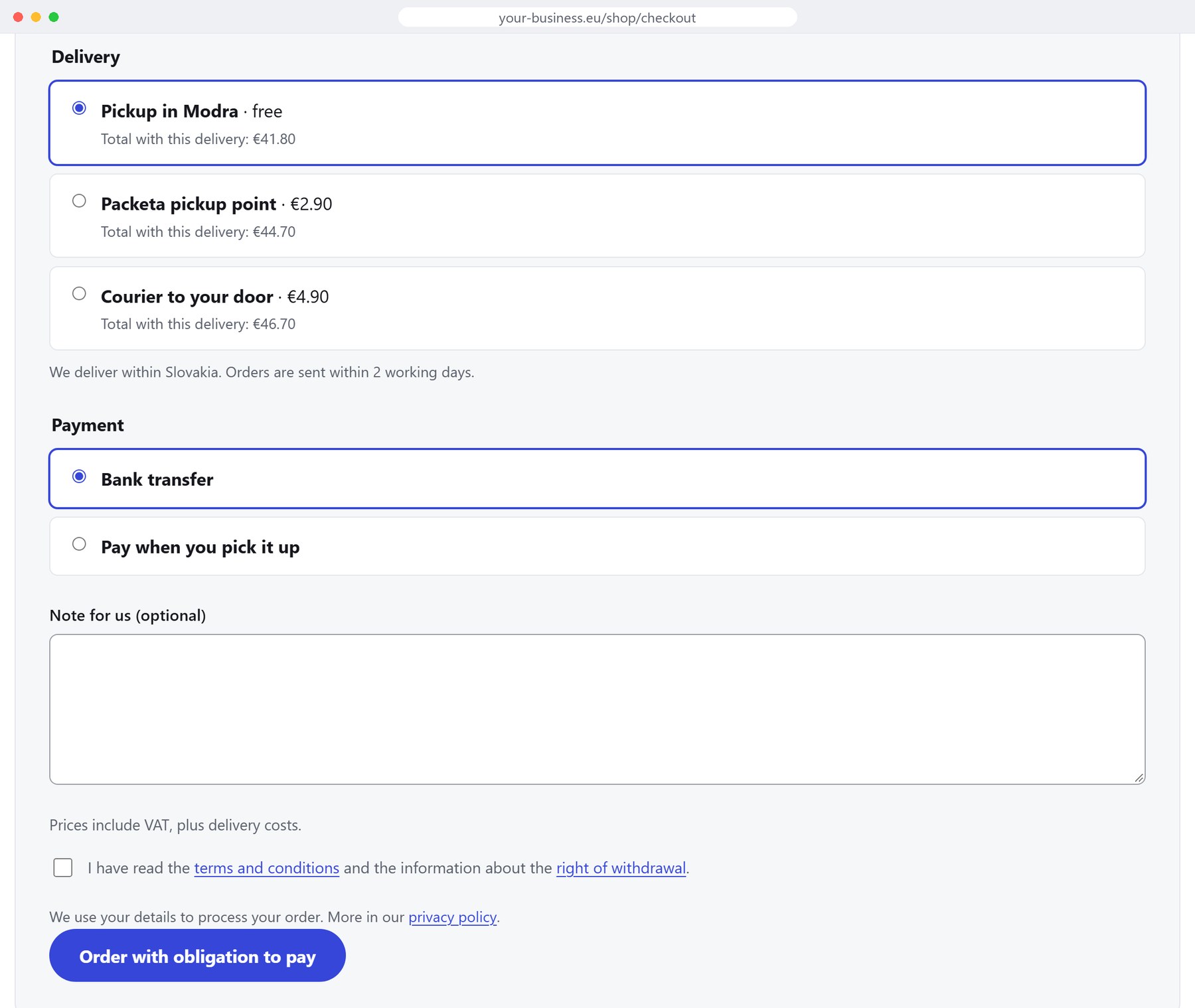 The Webitu checkout with delivery and payment choices and the "Order with obligation to pay" button