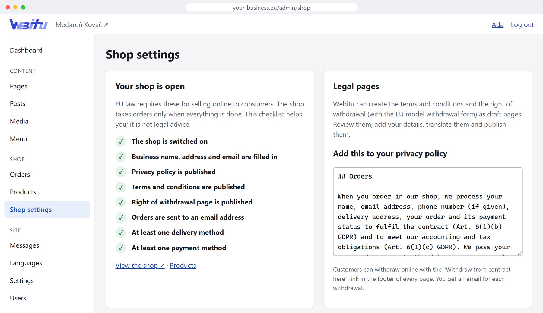 The Webitu shop settings with a checklist where every legal requirement is done